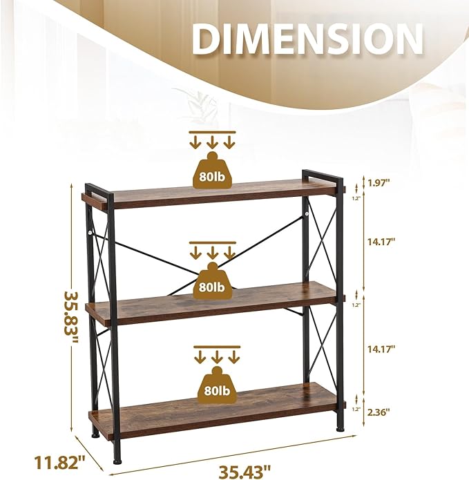 3 Tier Bookshelf, Open 3 Shelf Short Bookcase, Rustic Shelves with Metal Frame, Industrial Book Shelf for Bedroom Home Office Living Room, Rustic Brown