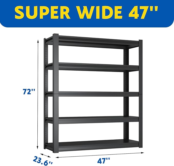 72''H Garage Shelving Heavy Duty, 3000LBS Storage Shelves, 5-Tier Adjustable Metal Shelve Storage Shelf Rack, Industrial Shelving Unit for Garage, Warehouse, Basement (47" W x 23.6" D x 72" H)-NeatNest