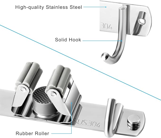 Broom and Mop Holder Wall Mounted, Broom Hanger Storage Rack, Stainless Steel Mop Hanger, Dustpan Holders with 2 Racks and 3 Hooks, Heavy Duty utility hooks for hanging brooms and mops-NeatNest