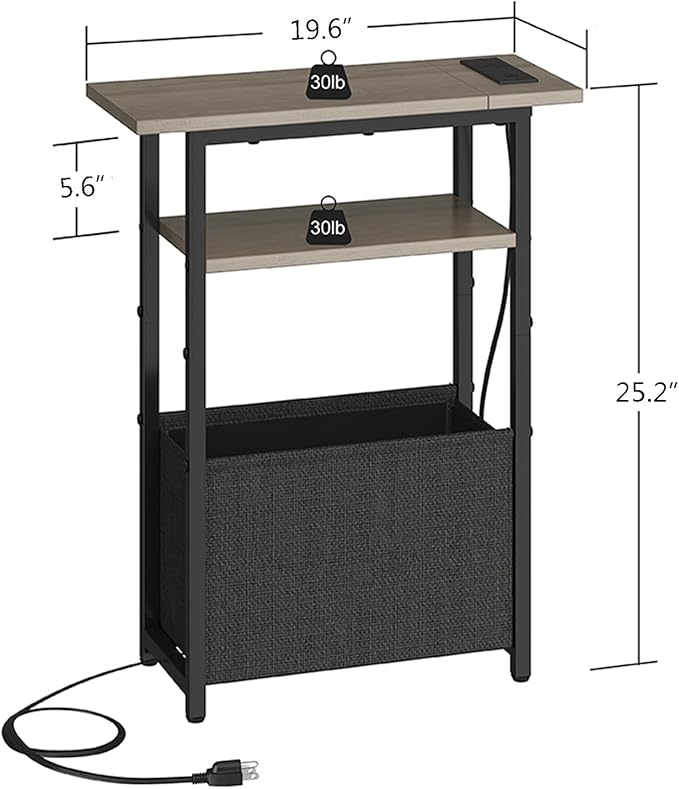 Narrow Side Table with Charging Station Set of 2, Small End Table for Small Spaces, Skinny Nightstands Set 2 with Storage Basket, 3 Tier Sofa Bedside Tables for Living Room,Bedroom, Grey