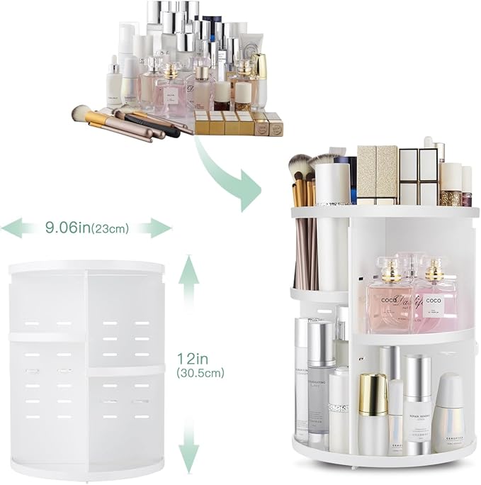 360 Rotating Makeup Organizer,DIY Adjustable Spinning Holder,Foldable Cosmetic Storage Display box,Large Capacity Make up Caddy Shelf,Fits Countertop Vanity and Bathroom (WHITE)-NeatNest