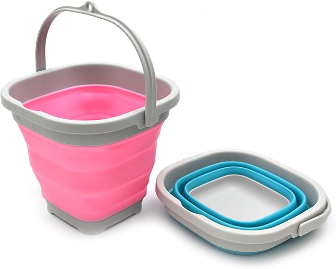 SAMMART Set of 2-2.6L (0.68 Gallon) Super Mini Sqare Collapsible Plastic Bucket - Foldable Square Tub - Portable Fishing Water Pail - Space Saving Outdoor Waterpot (2, Pink + Bright Blue)-NeatNest