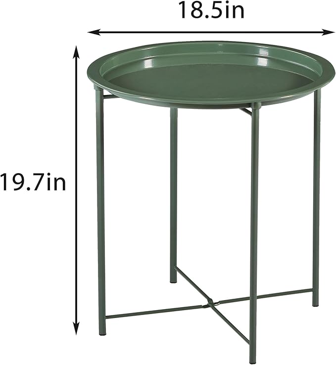 VECELO Side/End Table, Folding Round Metal Anti-Rust and Waterproof Outdoor or Indoor Tray for Living Room Bedroom Balcony and Office, 1 PCS, Dark Green