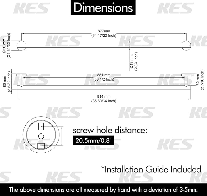 KES 33.7 Inches Towel Bar for Bathroom Shower Hand Towel Holder Hanger SUS304 Stainless Steel RUSTPROOF Wall Mount Polished Steel, Total Length 36 Inch, A2000S90