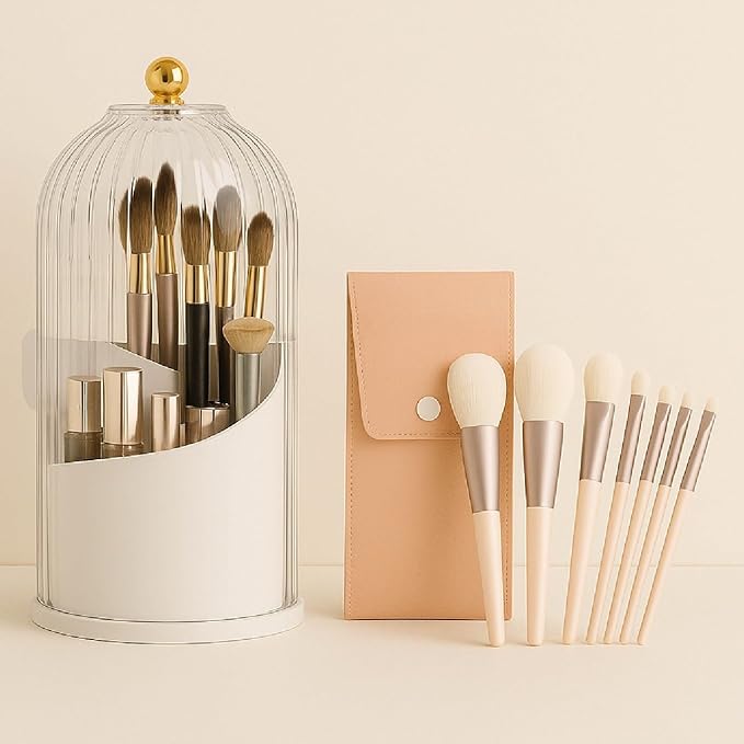 LIVINGHOME 360° Rotating Makeup Organizer – Clear Acrylic Makeup Brush Holder with Lid – Large Vanity Makeup Storage for Brushes, Lipsticks & Skincare – Stylish Countertop Cosmetic Organizer-NeatNest