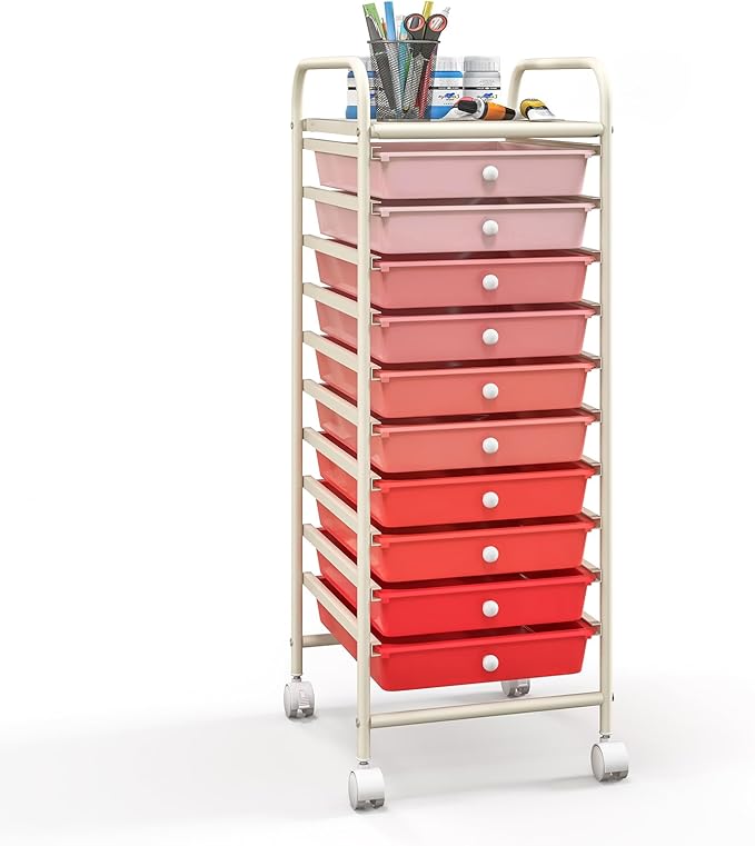Giantex 10-Drawer Storage Cart w/Universal Wheel, Rolling Cart w/Handle, Home Organizer Storage Unit w/Removable Drawers, Trolley Utility Cart for Kitchen Makeup Living Room Office Play Room