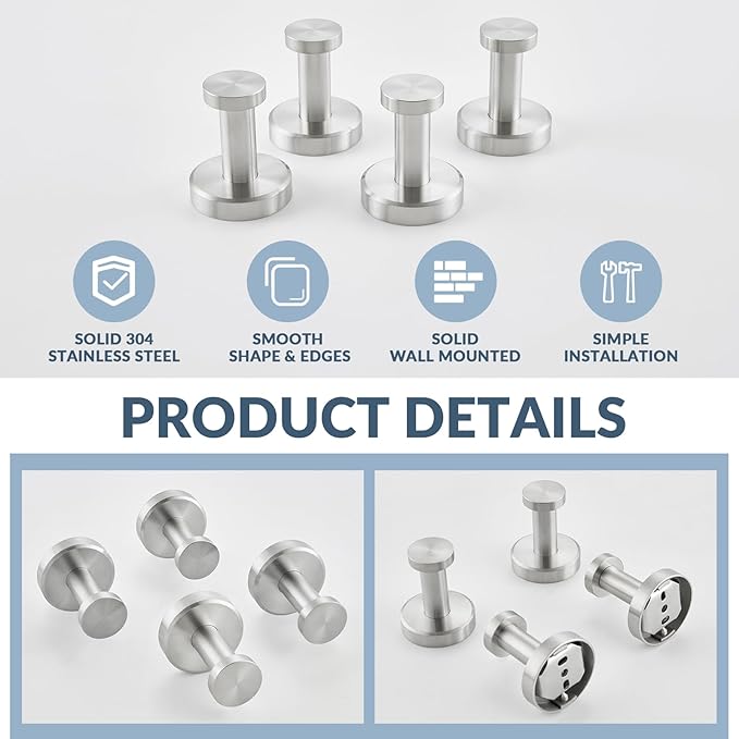 APLusee Brushed Nickel Hand Towel Hook, 4 Pack 304 Stainless Steel Storage Coat Hook, Bathroom Accessories Wall Mounted