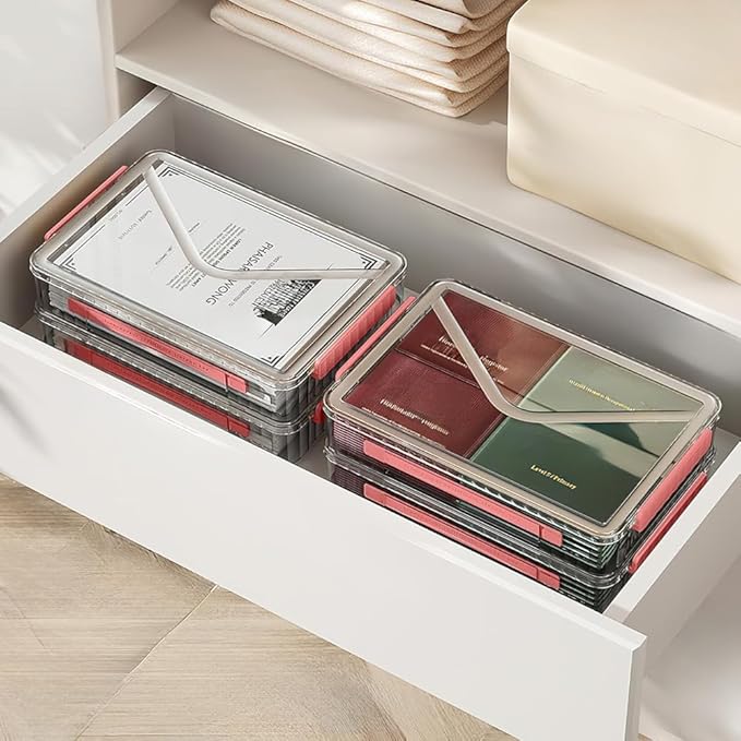 2 Pack Clear Plastic File Storage Boxes with Latching Lids, Transparent Certificate Organizer, Portable Project Case for Drawers, Clear Stackable File Box for A4 Files (Red Latches, Small)