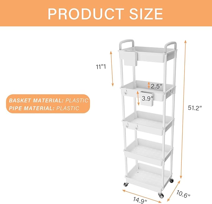 5 Tier Rolling Utility Cart with Handle,REBECAT Utility Cart Made of Multifunctional Storage Organizer Tool for Kitchen,Bathroom,Living Room,Office(White)-NeatNest