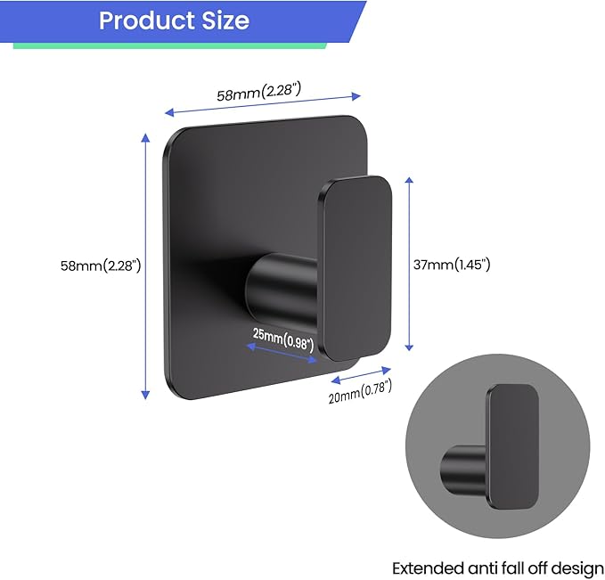 Black Hooks for Hanging Heavy Duty, Adhesive Hooks for Shower, Bathroom, Kitchen, Robe, Towel, Coat, Waterproof & Rustproof Hook for Walls No Damage, Stainless Steel Sticky Hook - 6 Pack-NeatNest