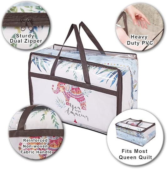 Clear Zippered Storage Bags (3-Pack) Closet Organizer Vinyl Bag for Bedding, Linen, Blankets, Duvet Covers, Comforters, Clothes, Toys | Multi Purpose & Space Saver PVC Organizers, 55 L, Brown-NeatNest