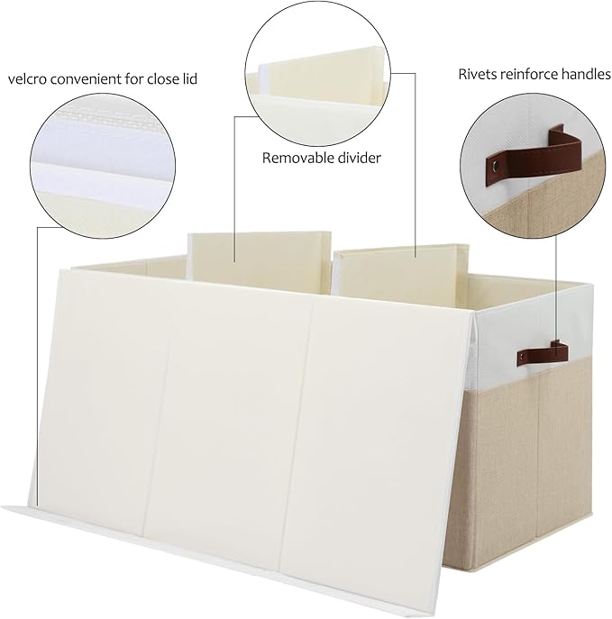 Extra Large Toy Storage Box with Lid, Sturdy Toys Storage Chest Bin Organizer Basket with Dividers for Kids, Boys, Girls, Nursery, Closet, Bedroom, Playroom 35.5"x17" x17" (Beige and White)-NeatNest