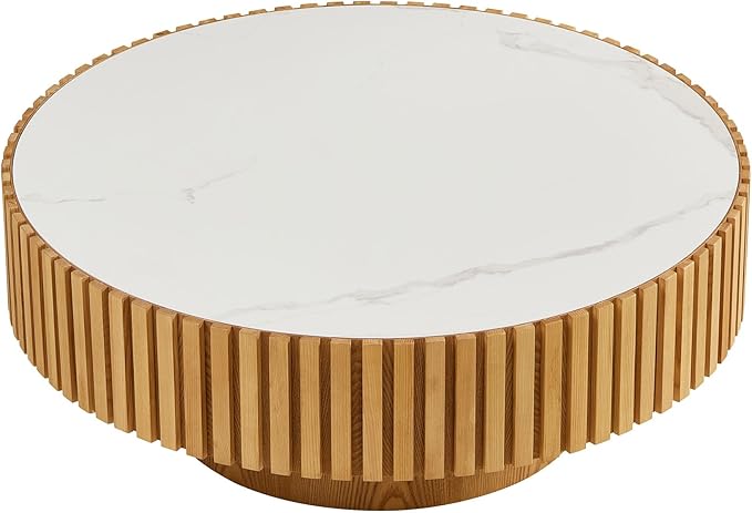 Coffee Table Stone Round 35.43'' for Living Room Modern Coffee Tables Wood Circle Drum Tea Fluted Solid Wooden Veneer Sintered Tabletop Handcraft Home Furniture for Apartment Easy Assembly Oak-NeatNest