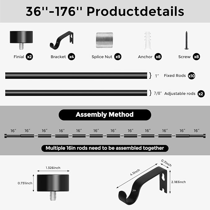 Black Curtain Rods for Windows 120 to 170 Inch(3-14 Feet),extra long drapery rod for large window,1" Diameter Rods with Modern Style End Cap Finials,Size:36-176 Inch-NeatNest