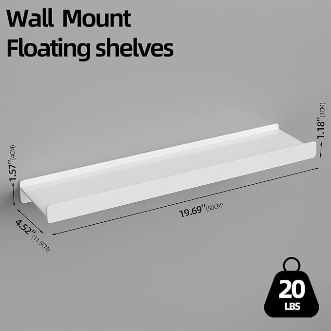 Floating Shelves for Wall, Wall Mounted Shelves with Lip for Storage, Metal Display Shelves for Home Decor, Kitchen/Living Room/Bedroom/Bathroom Shelf, White 20 inch 1 Pack-NeatNest