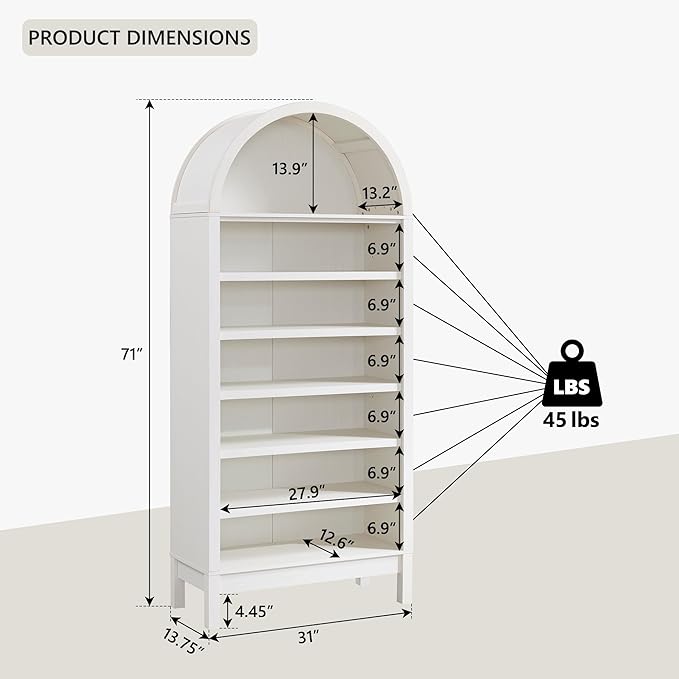 71" Tall Arched Shoe Storage Cabinet, 7 Tiers 28 Pairs Wooden Shoe Rack with 3 Adjustable Shelves, Freestanding Shoe Closet Shelf Organizer for Entryway, Hallway, Living Room (Antique White)-NeatNest