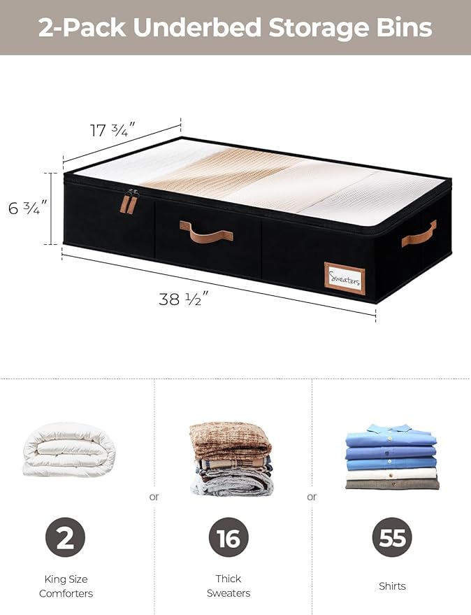 StorageWorks Extra Large Under Bed Storage Containers with Handles and Label Holder, 2 Pack Ultra-thick Fabric Underbed Bins, Closet Organizer for Clothes, Blankets, Sweater-NeatNest