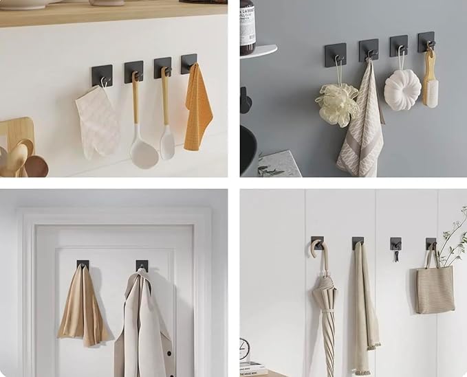 Adhesive Hooks- 4 Pcs, Towel Hooks for Inside Shower, Heavy-Duty Adhesive Wall Hook, Rust-resitant Hooks for Hanging, Sticky Hook for Walls No Damage (Black)