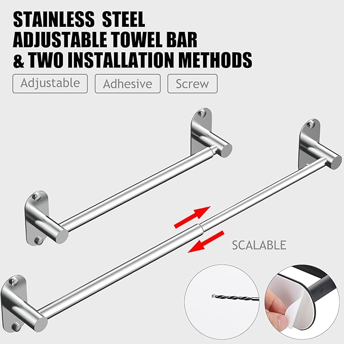 Towel Bar, Adjustable 14.4inch - 25.2inch Towel Rack, Self Adhesive & Wall Mounted for Bathroom Kitchen Hand Towel Holder Cloths Hanger SUS 304 Stainless Steel Organizer Single Bar(Chrome)