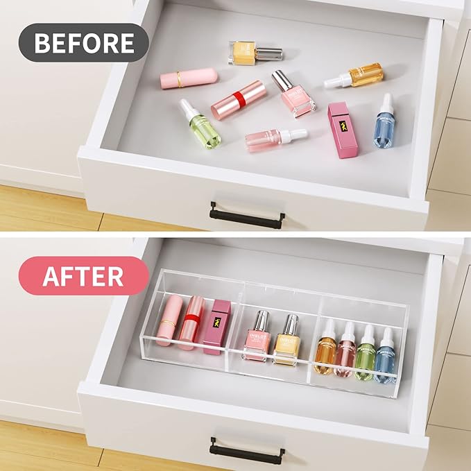 HIIMIEI 3 Section Clear Acrylic Drawer Organizer Tray, Office & Makeup Drawer Organizer (11.8x4.3 inch)-NeatNest