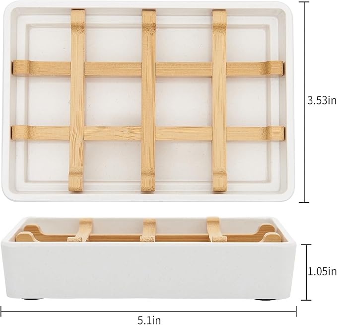 Bamboo Soap Dishes for Shower Wooden Soap Bar Holder for Bathroom Soap Tray Easy to Clean, Durable and with Non-Slip Pads(Single White Square)-NeatNest