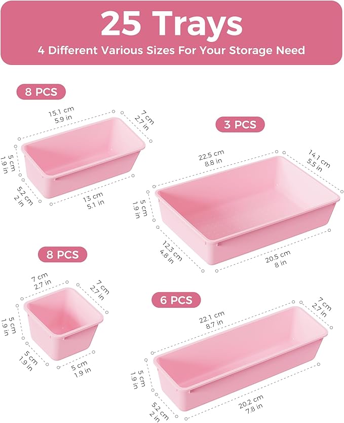 25 PCS Plastic Drawer Organizers Set, 4-Sizes Vanity and Makeup Organizer, Desk and bathroom Drawer Organizer Trays, Organizers and Storage for Makeup, Jewelry, Gadgets, Utensils (Pink)-NeatNest
