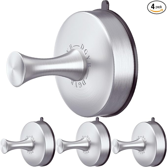DGYB Suction Cup Hooks for Shower 4-Pcs Heavy-Duty 15LB Max Load, 304 Stainless Steel & PVC, No Drill Bathroom Wall Hooks for Towels, Robe, Loofah (Brush)-NeatNest