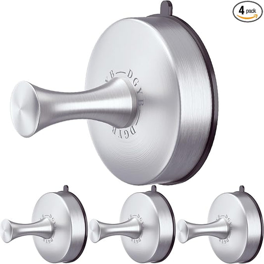 DGYB Suction Cup Hooks for Shower 4-Pcs Heavy-Duty 15LB Max Load, 304 Stainless Steel & PVC, No Drill Bathroom Wall Hooks for Towels, Robe, Loofah (Brush)-NeatNest