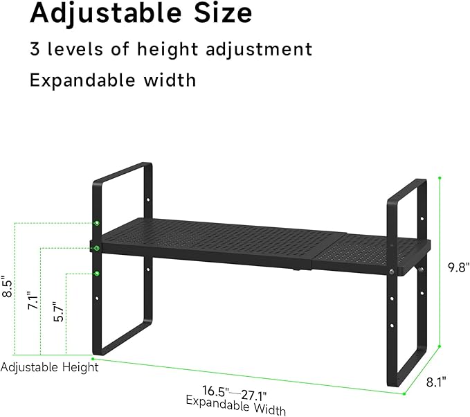 Expandable Cabinet Organizer Shelf, Stackable Shelf Riser for Small Kitchen Pantry Desk Cupboard Tabletop Countertop Home Office, Heavy Duty, Black Small 1 Pack-NeatNest