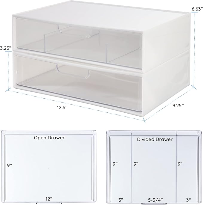 STORi 2 Tier Wide Stackable Kitchen Storage Drawers, White with Clear Bins with Handles, Drawer Organizers for Pantry, Bathroom Undersink, Cabinet Organization and Storage, 2 Drawer Pack, Made in USA-NeatNest