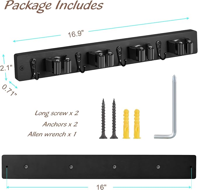 2 Pack Black Mop Broom Holder Wall Mount - Wood Broom Mop Hanger - Wall Mounted Garden Tool Rack Organizer for Closet Garage Laundry Room, 4 Slots & 4 Hooks-NeatNest
