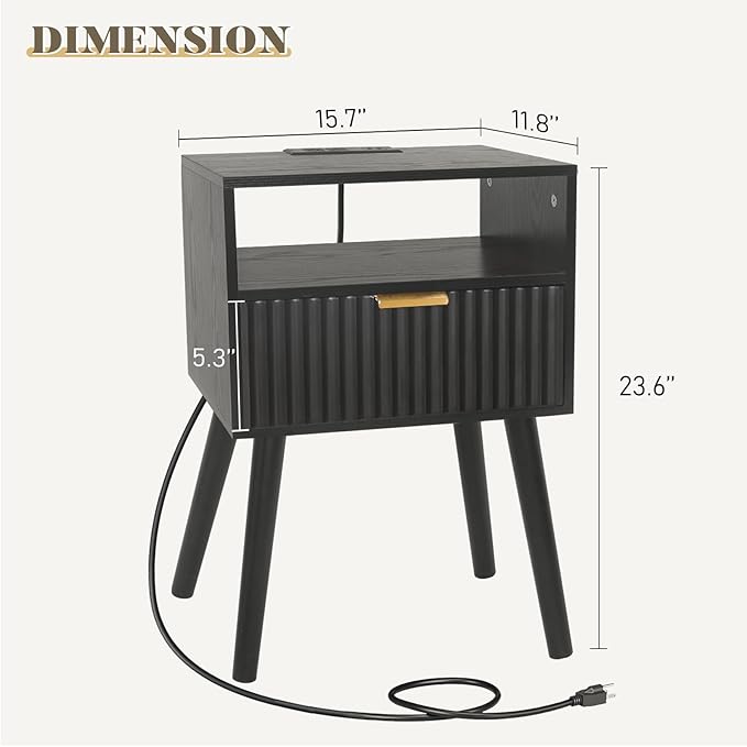 Black Nightstand with Charging Station, Mid Cetury Modern Nightstand with Drawers, Fluted End Side Table with Solid Wood for Bedroom, Dorm and Small Space (Black)-NeatNest