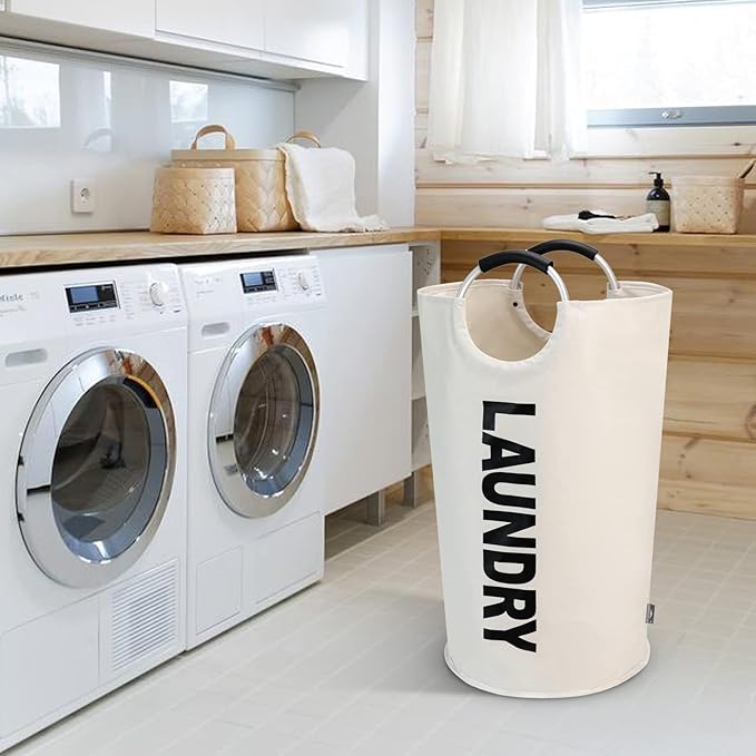 DOKEHOM 90L Large Laundry Basket, Collapsible Laundry Bag, Freestanding Tall Clothes Hamper, Foldable Washing Bin (Beige)-NeatNest