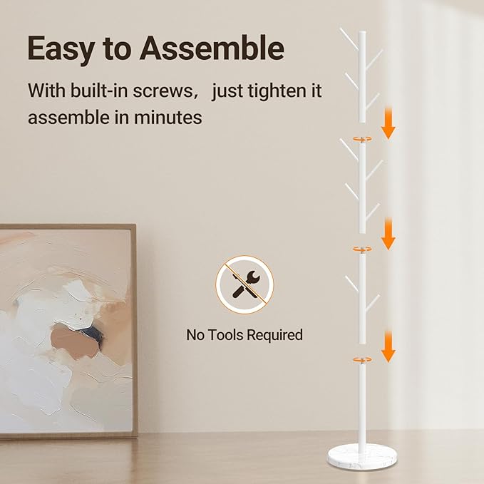 ELYKEN Coat Rack Freestanding with Natural Marble Base, Metal Coat Rack Stand with 10 Hooks, 3 Adjustable Size Coat Tree for Bags, Clothes, and Hats for Entryway, Bedroom, Hallway, Office, White-NeatNest