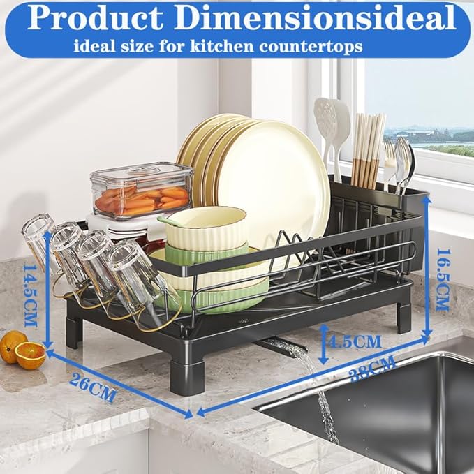 Dish Drying Rack with Drainboard, Dish Racks for Kitchen Counter, Stainless Steel Kitchen Dish Drainer with Cutlery Holder, Cup Holder, Rustproof, Easy Installation