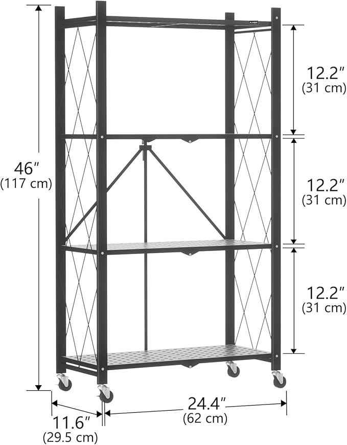 ALANNG Storage Shelves with Wheels, Bookshelf with Storage, No Assembly Metal Rack Cart for Kitchen, Office, Laundry, Garage (4 Tier, Black)