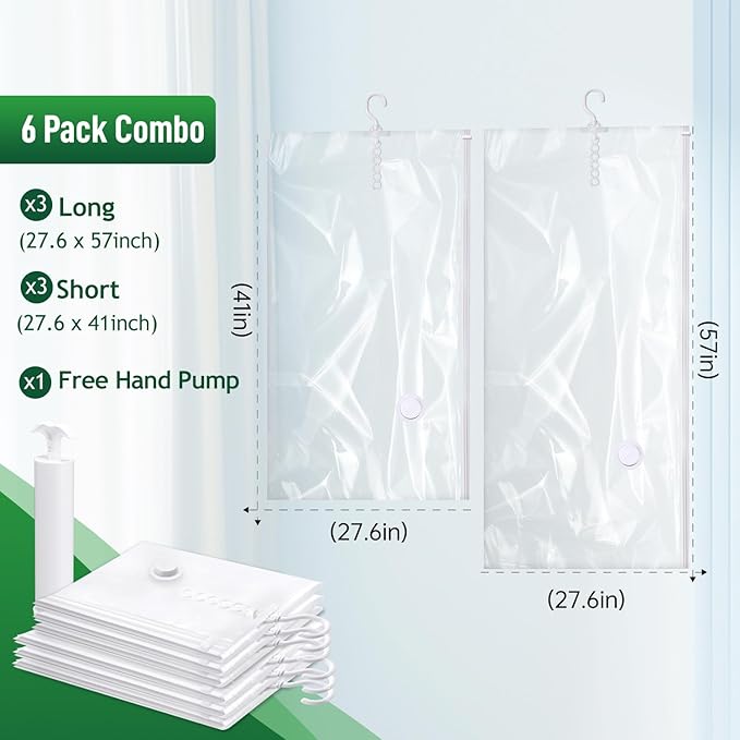 Hanging Vacuum Storage Bags For Clothes With Hand Pump,Coat Storage Bag Hanging,Vacuum Bags For Clothes,Space Saver Vacuum Storage Bags,Garment, Clothing, Dress, Suit, Long Coat, Jacket(Combo 6 Pack)