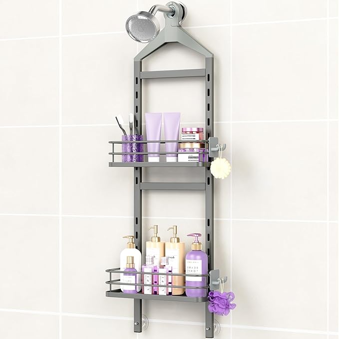 ODesign 2 Tier Height-Adjustable Shower Caddy Hanging Anti-Swing-Over The Shower Head Caddy-Showe r Storage Organizer Bathroom Shelves Basket Caddies-Grey