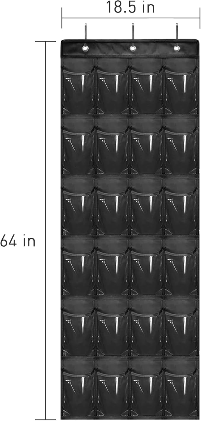 Over The Door Shoe Organizer - Space Saving Shoe Rack for Closet Door with 24 Pockets and Hook, Shoe Holder Back of Door Organizers for Shoes, Hanging Shoe Organizer (Black)-NeatNest