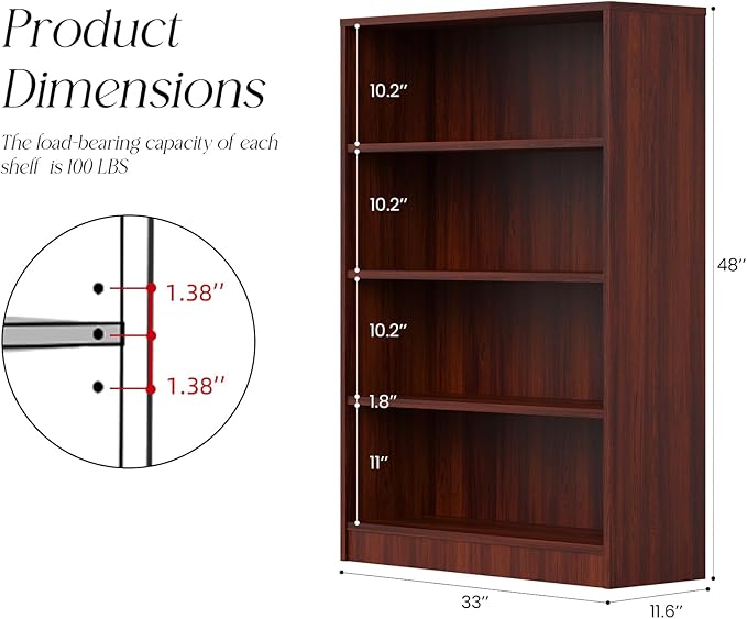 Farini 48 Inch Tall 4-Shelf Bookcase, Wood Bookshelf Storage Organizer Adjustable Shelf for Home Office, Study Room, Easy Assembly,Mahogany