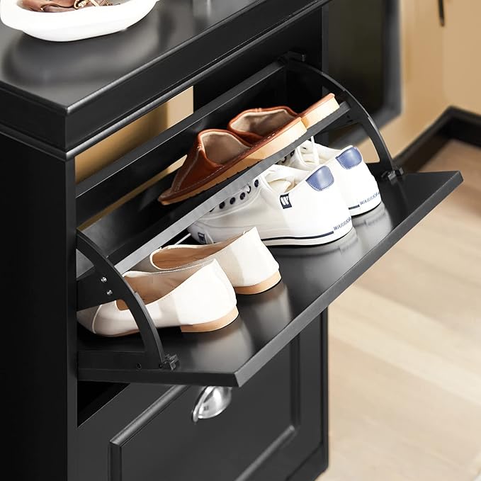 SoBuy Small Shoe Cabinet, Slim Shoe Rack 2 Flip-Drawers, Thin Shoe Storage Cupboard Organizer Unit for Entryway and Hallway, Black FSR78-SCH-NeatNest