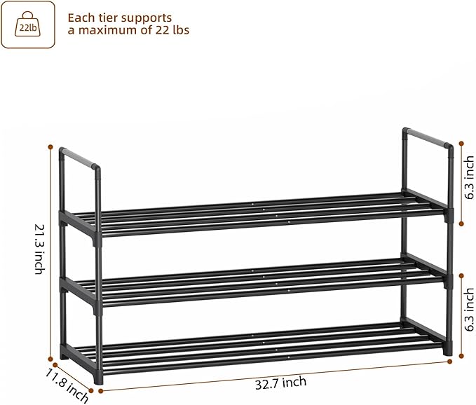 Metal Shoe Rack, 3-Tier Shoe Organizer with Adjustable Shelf Height, Sturdy Shoe Storage Shelf, Perfect for Front Door Entrance, Closet & Entryway, Easy to Assemble, DIY Layering Options (S - 3 Tier)-NeatNest