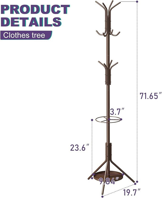 Coat Rack Freestanding,Entryway Hanger Stand,Umbrella Holder,Hall Tree With 12 Hooks, Floor Standing Metal Tree Stand,brown-NeatNest