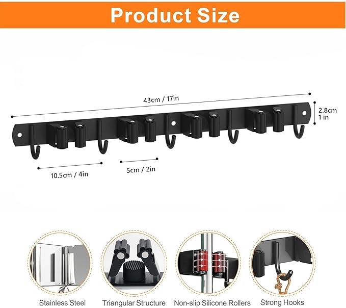 2 Pack Mop and Broom Holder Wall Mount, Non-slip Broom Hanger Wall Mount, Heavy Duty Mop Broom Organizer for Kitchen Garden Garage Laundry Room Wall Decor Organization and Storage Black 4R5H-NeatNest