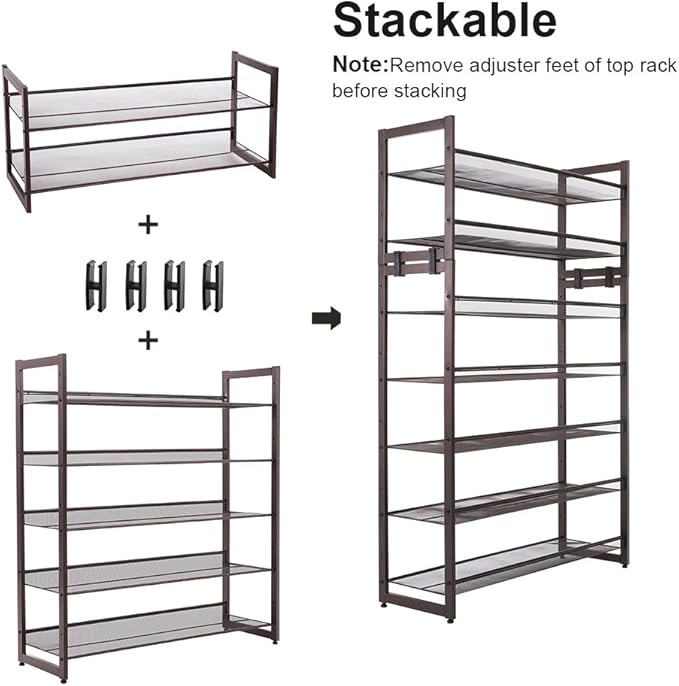 SONGMICS Shoe Rack, 5-Tier Shoe Organizer, Metal Shoe Storage for Garage, Stackable Shoe Shelf, with Adjustable Flat or Angled Shelves, 20-25 Pairs, Bronze ULMR05A-NeatNest