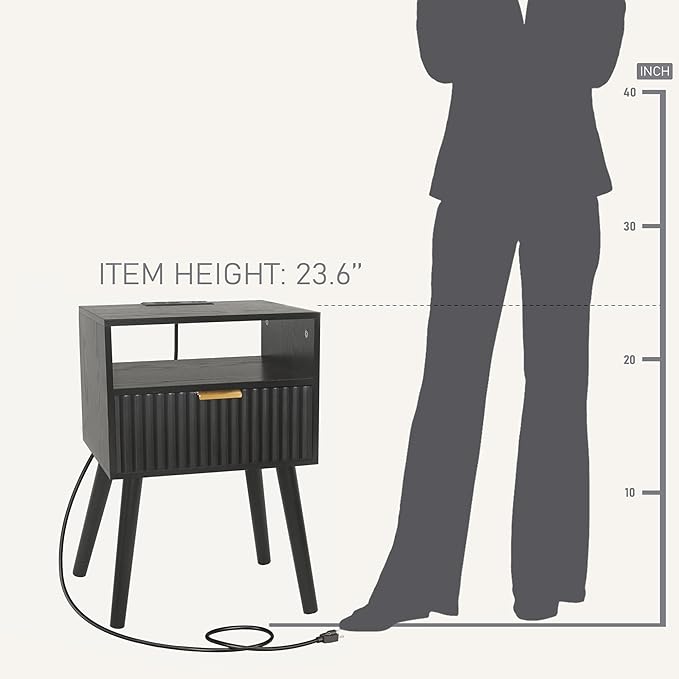 Black Nightstand with Charging Station, Mid Cetury Modern Nightstand with Drawers, Fluted End Side Table with Solid Wood for Bedroom, Dorm and Small Space (Black)-NeatNest