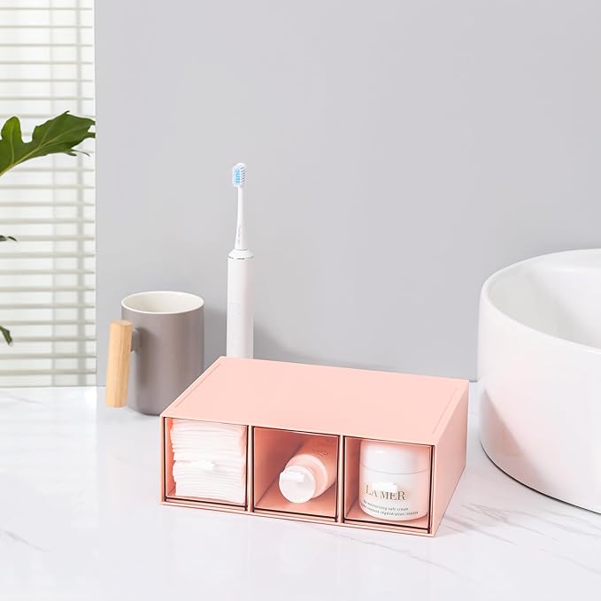 Plastic 3 Drawer Organizer for Cosmetic Storage, Desk Organizer, Makeup Organizer for nail polish, Lipstick, Brushes, Jewelry, Skincare, Bathroom Organization Boxes - Pink-NeatNest
