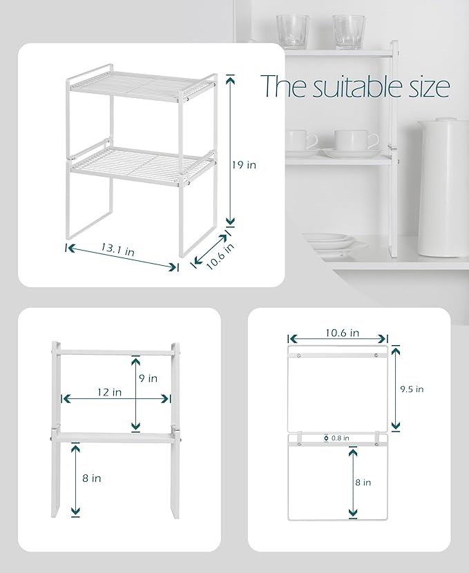2Pack Kitchen Cabinet Shelf Counter Organizer Rack Pantry Storage Bathroom Bedroom Office Table Desk Space Saving Stackable Rust Resistant Non Slip White Tall Wide L13.1in W10.6in H9.5in-NeatNest