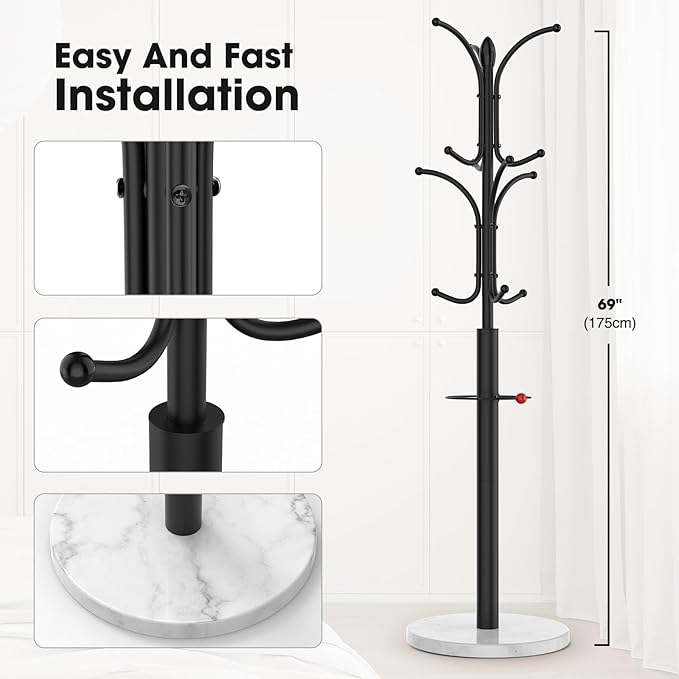 Coat Rack Freestanding,12 Hooks Coat Racks with Natural Marble Base & Umbrella Holder,Easy Assembly Coat Rack Stand for Hanging Scarf,Purse,Hats,Jacket(Black)-NeatNest