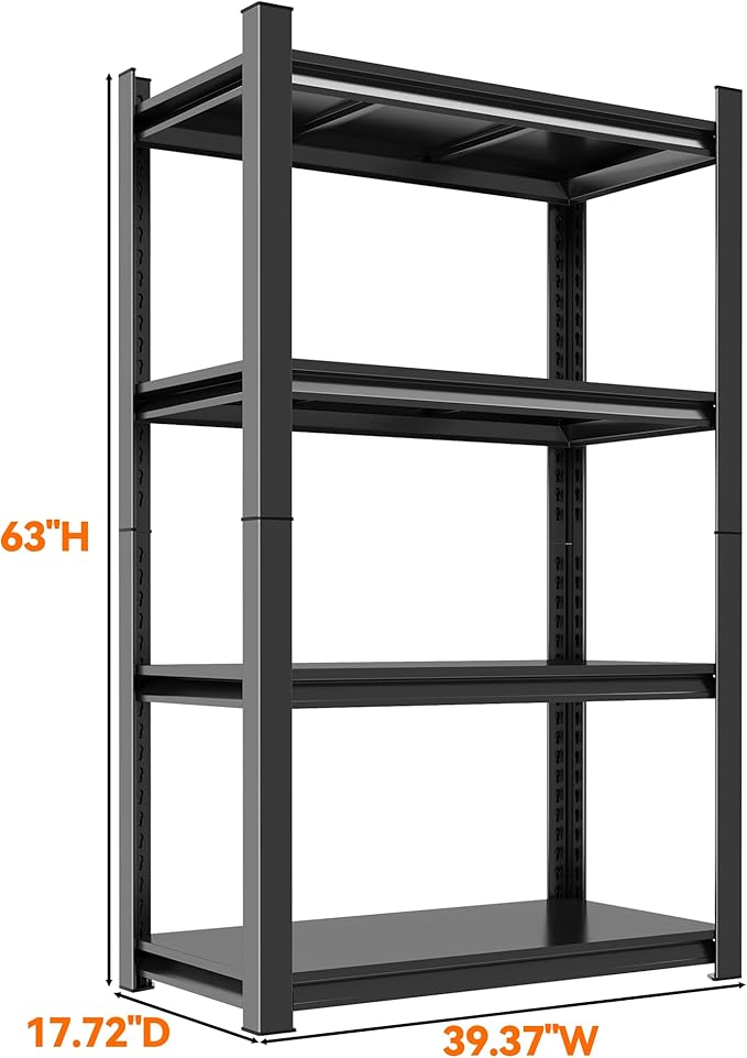 Adjustable 4-Tier Heavy Duty Storage Shelves for Garage, Detachable Steel Shelving Units, Metal Rack Shelf – (Black-63.00H*39.37W, 17.72D-4Tier)